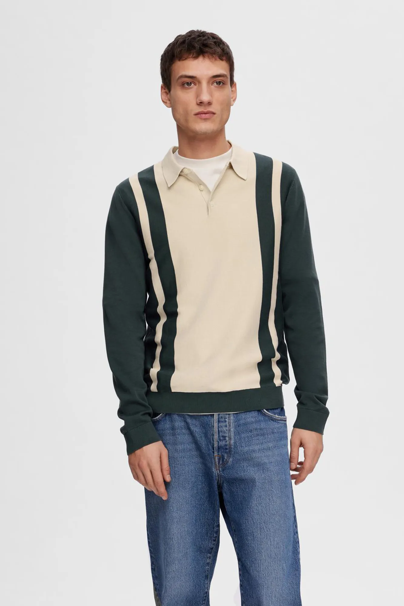 Selected Polo de punto bicolor de manga larga confeccionado con algodón 100% orgánico. Regular Fit.