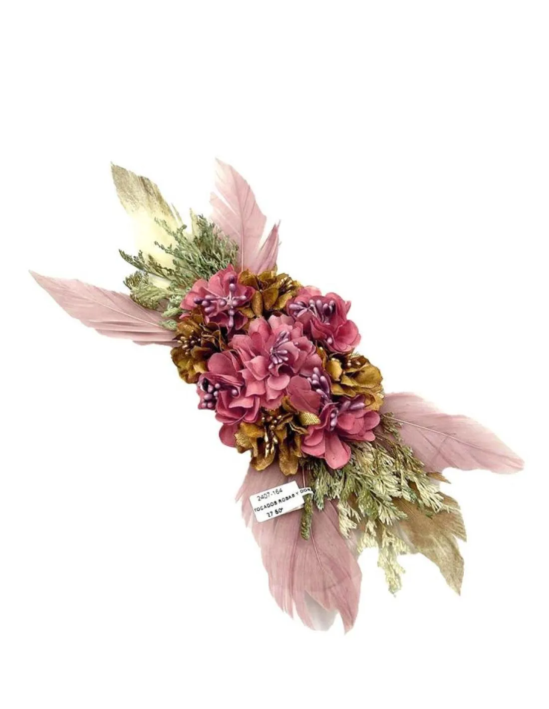 TOCADOS ROSAS Y DORADOS CON PLUMAS Y FLORES SECAS Y DE TELA PARA BODAS