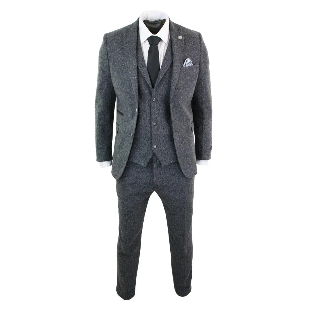 Traje de tweed gris con tejido en espiga negro de 3 piezas para hombre estilo Blinders